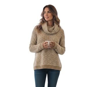 Calvin Klein Women's Long Sleeve Beige White Cowl Neck Knit Sweater XS fit Small